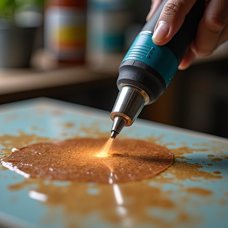 Aplicando calor para tentar curar resina grudenta.