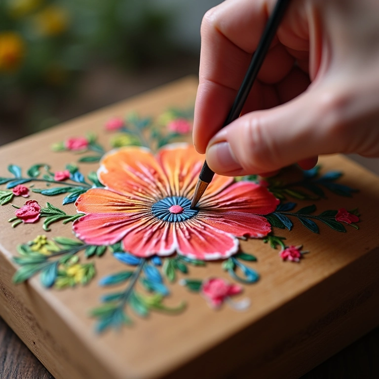 Aplicando estêncil floral em caixa de madeira, pintura country.