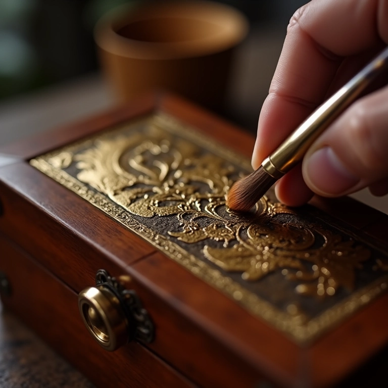 Aplicando pátina em caixa de joias de madeira, estilo country.