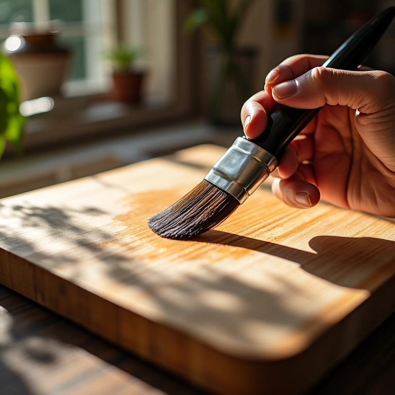 Aplicando verniz em bandeja de madeira pintada, protegendo a arte.