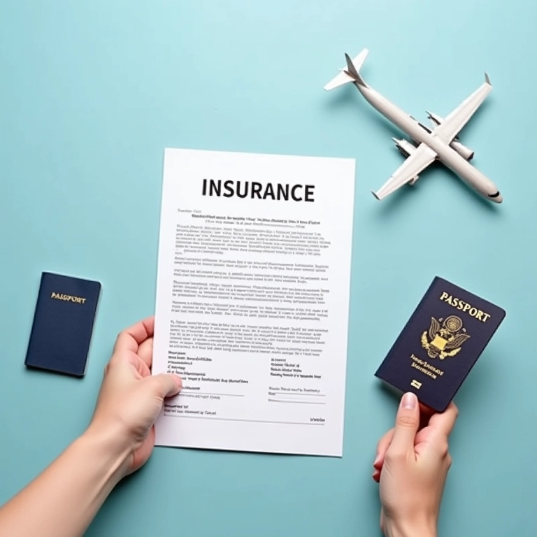 Apólice de seguro viagem com passaporte e avião ao fundo.