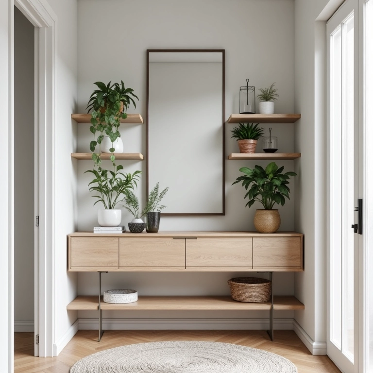 Aproveitando ao máximo o espaço em um corredor estreito com móveis multifuncionais.