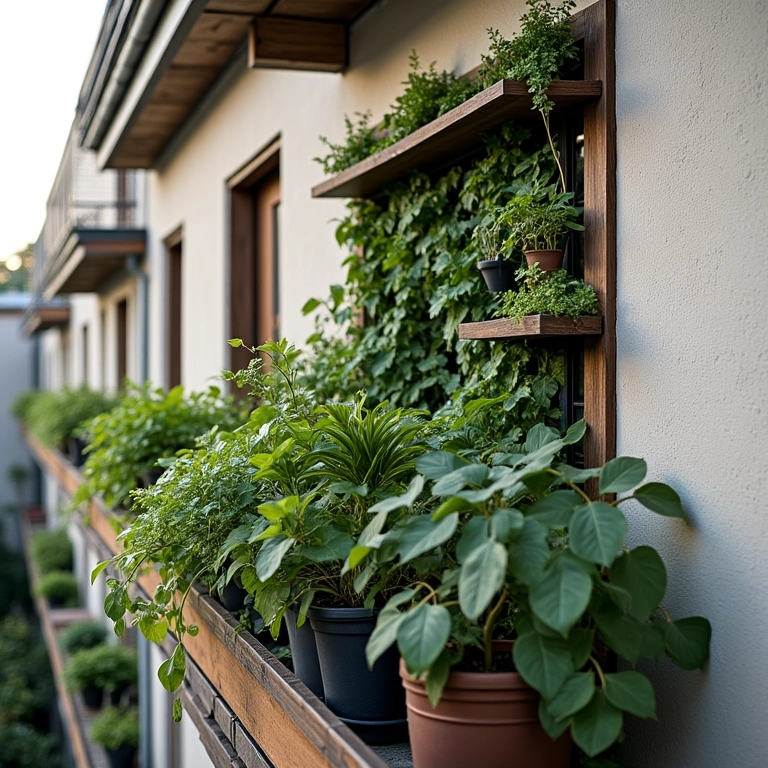 Aproveitando as paredes da sacada com jardim vertical e prateleiras.