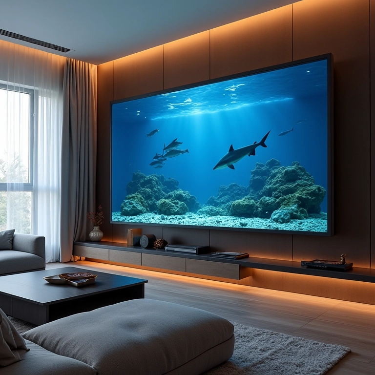 Aquário de tubarão bem dimensionado em uma sala de estar moderna.