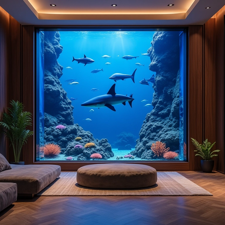 Aquário de tubarão exuberante em sala de estar com design brasileiro vibrante.