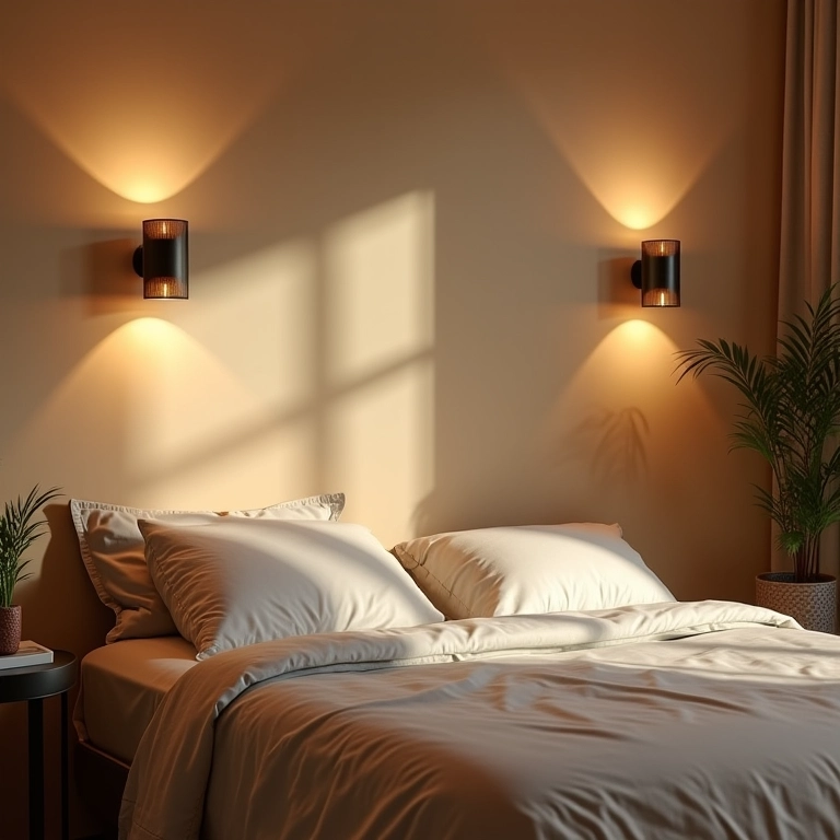 Arandelas com foco para cima iluminando indiretamente um quarto com decoração brasileira.