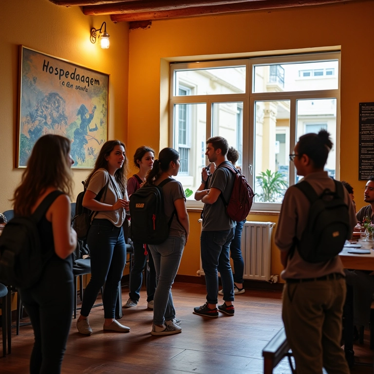 Área comum de hostel com viajantes diversos, clima acolhedor.