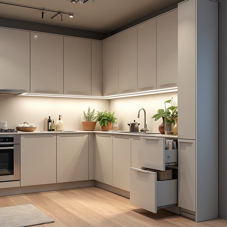 Armários de canto inteligentes com prateleiras deslizantes para otimizar o espaço.