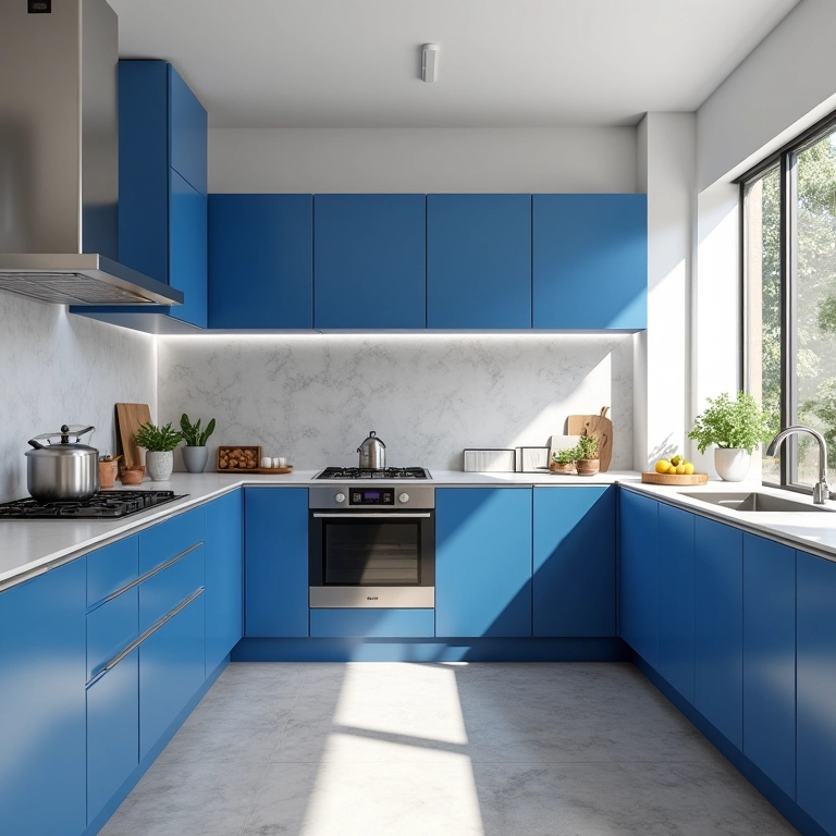 Armários de cozinha em azul Klein com eletrodomésticos de aço inoxidável e design moderno.