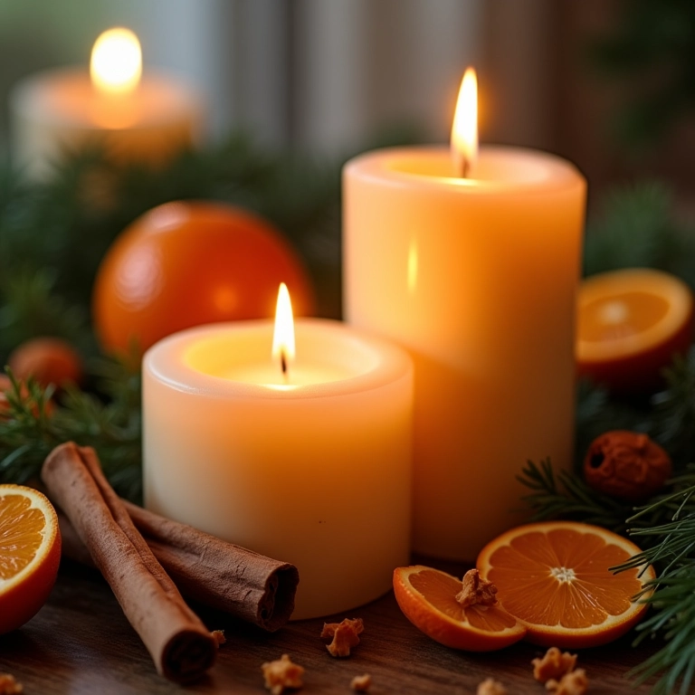 Aromas natalinos com velas perfumadas, canela e laranja.