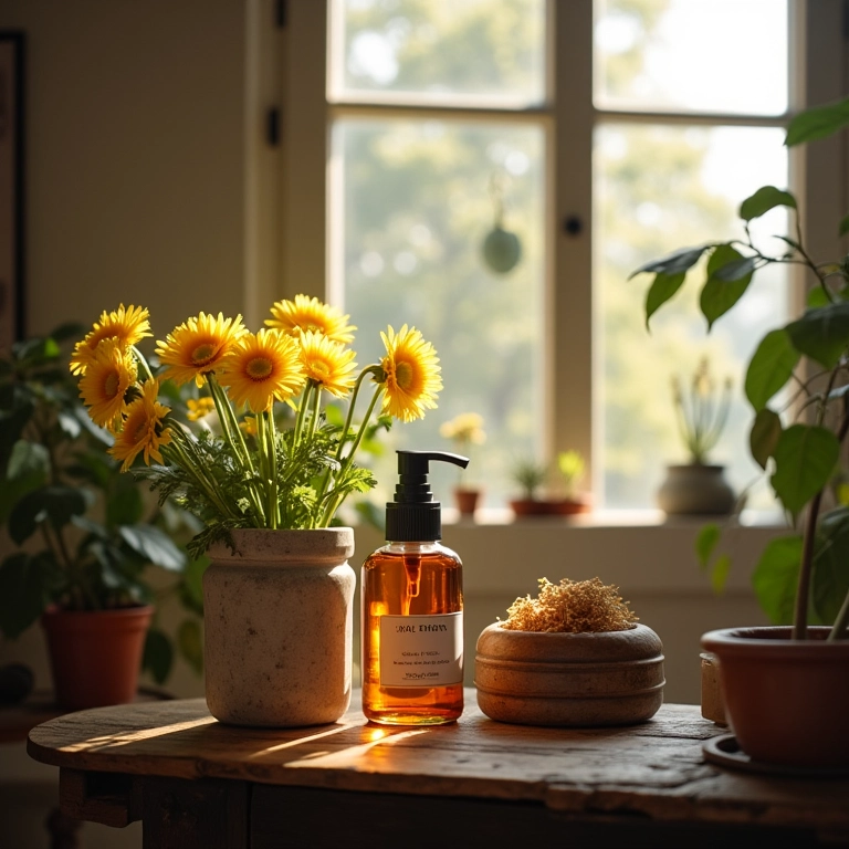 Aromatizador de varetas em estante com flores em sala de estar aconchegante com estilo casa de campo e móveis vintage.