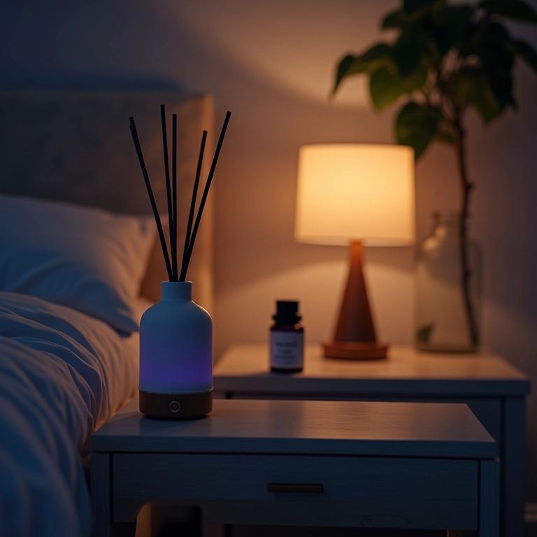 Aromatizador de varetas em mesa de cabeceira em quarto com iluminação suave, criando atmosfera relaxante com óleo essencial de lavanda.