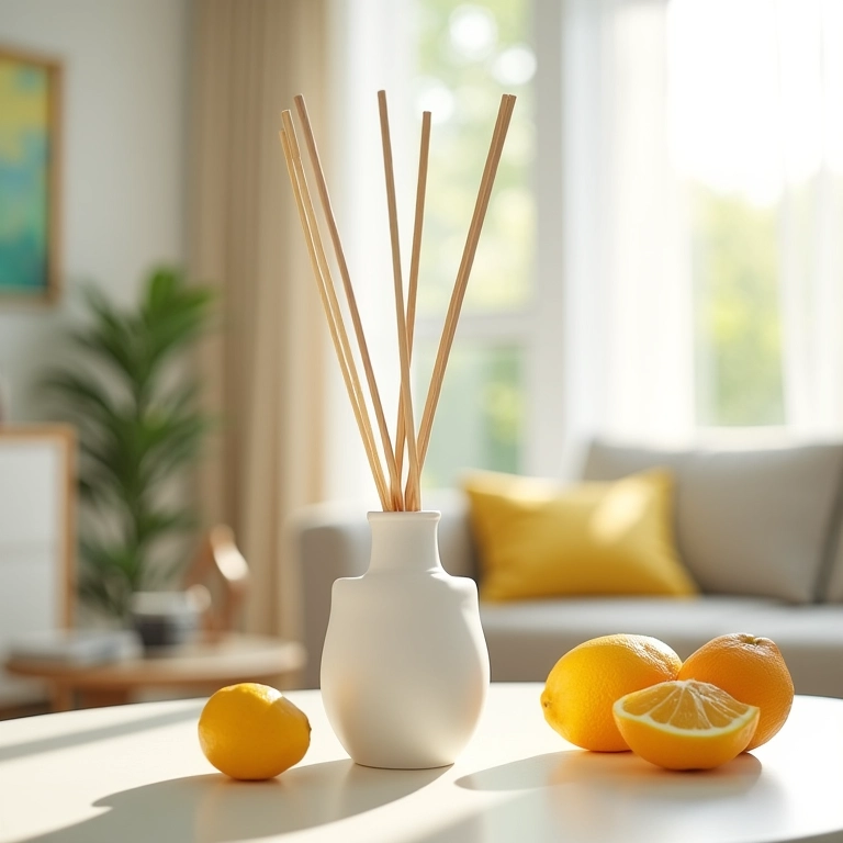 Aromatizador de varetas em sala de estar iluminada com frutas cítricas (limões, laranjas), transmitindo aroma fresco e energizante.