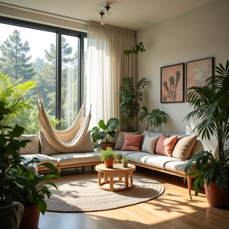 Arquiteta apresentando dicas de decoração com redes em sala iluminada com plantas.