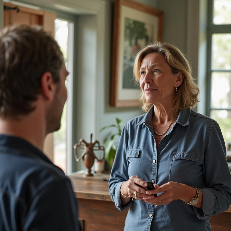 Arquiteta discutindo decoração marítima artesanal com cliente.