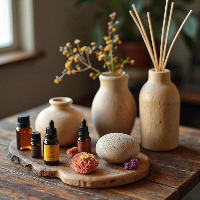 Arranjo de aromatizadores de varetas artesanais, óleos essenciais e flores secas sobre mesa de madeira rústica.