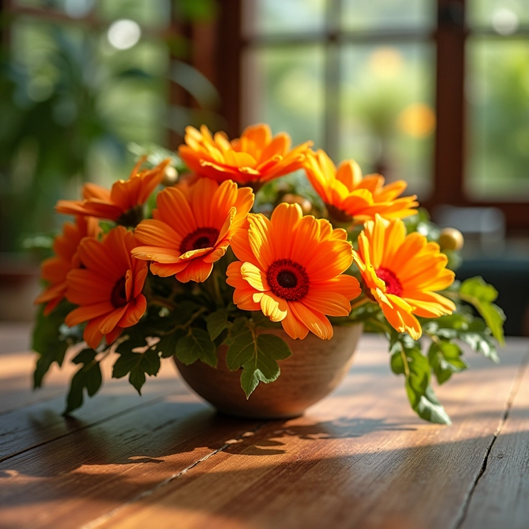 Arranjo de flores artificiais vibrante em mesa de madeira rústica.