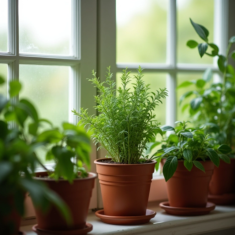 Arranjo de plantas aromáticas em casa brasileira iluminada.