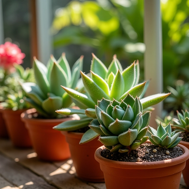 Arranjo de suculentas em vasos de barro sob o sol.