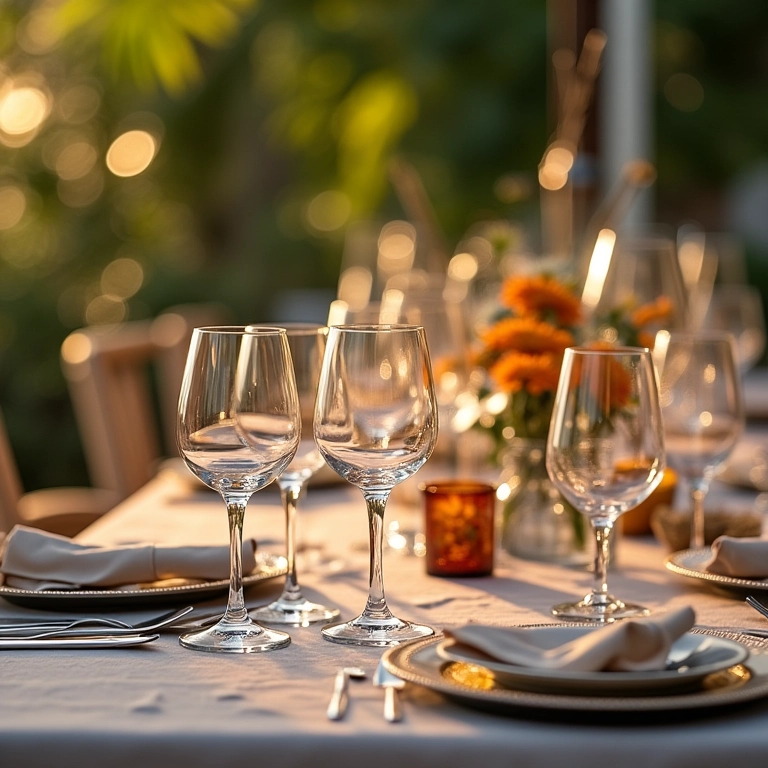 Arranjo elegante de copos e taças em uma mesa de festa decorada com requinte.