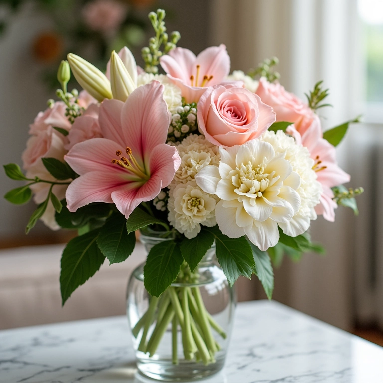 Arranjo floral delicado para decoração de festa de noivado.