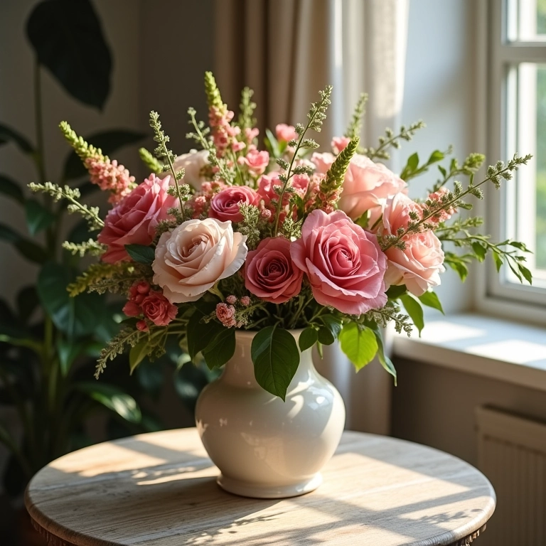 Arranjo floral elegante em vaso sobre mesa lateral, em ambiente aconchegante.