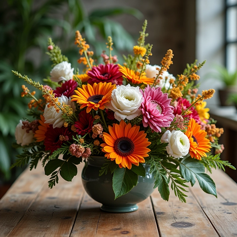 Arranjo floral exuberante como centro de mesa em madeira rústica.