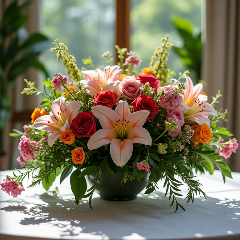 Arranjo floral exuberante em mesa de casamento com rosas e lírios.