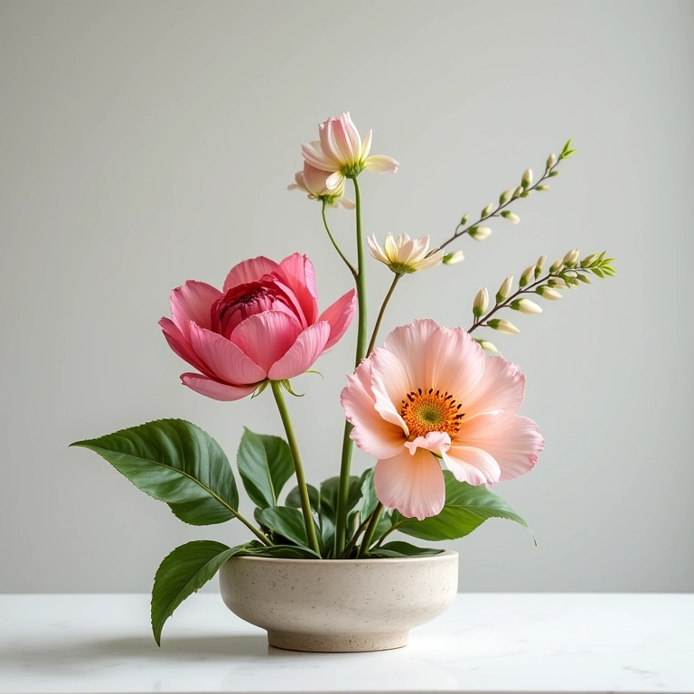 Arranjo floral Ikebana elegante em ambiente minimalista.