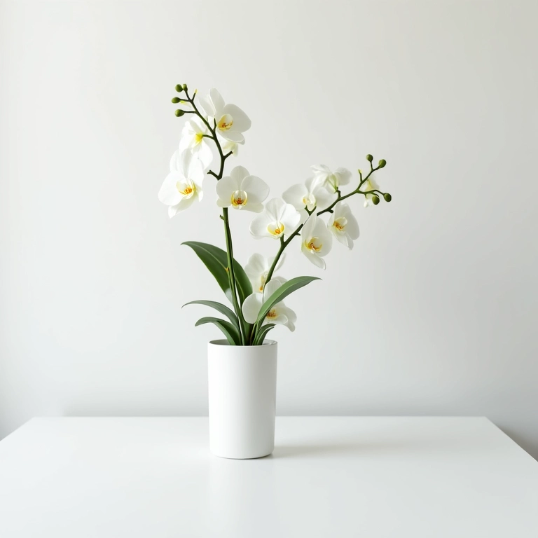 Arranjo minimalista de orquídeas brancas artificiais.