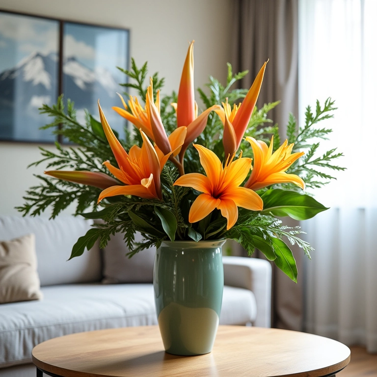 Arranjo moderno com flores tropicais e folhagens artificiais.