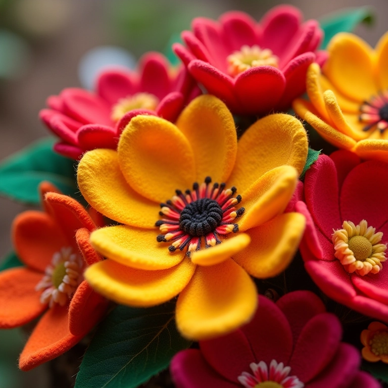 Arranjo vibrante de flores de feltro artesanais em estilo brasileiro.