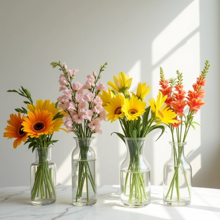 Arranjos de flores artificiais em vasos diversos em apartamento moderno.