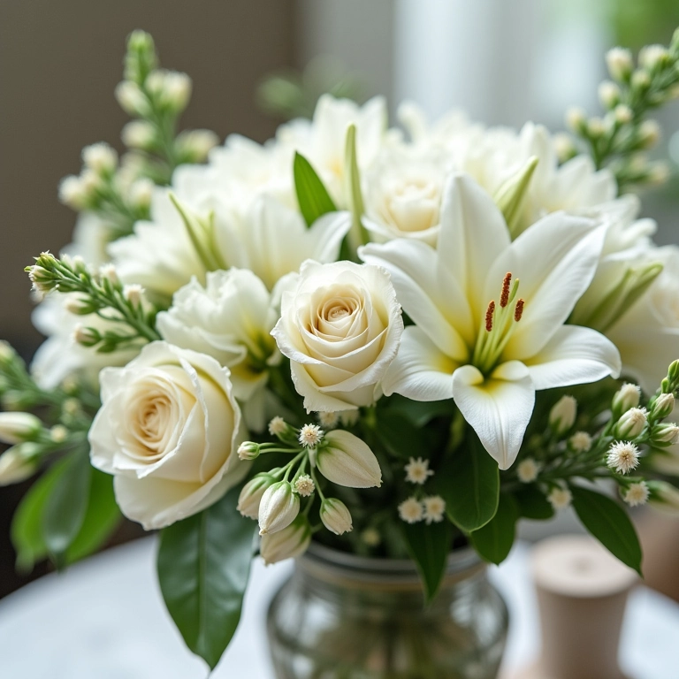 Arranjos florais delicados para decoração de batizado.