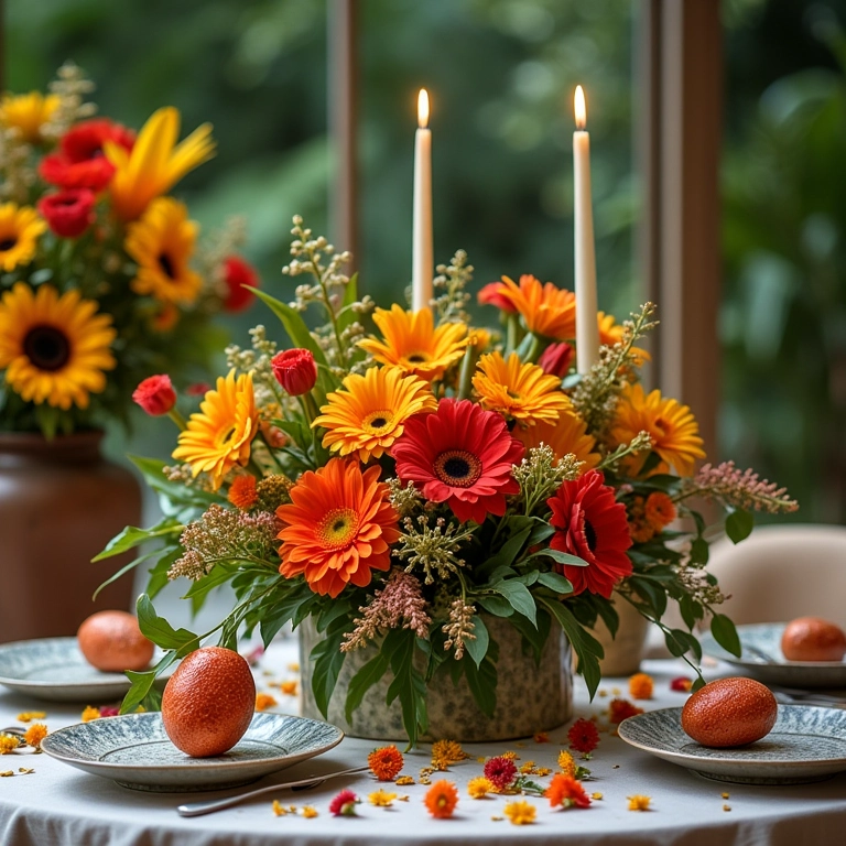 Arranjos florais e centros de mesa que trazem um toque de natureza à decoração da festa.