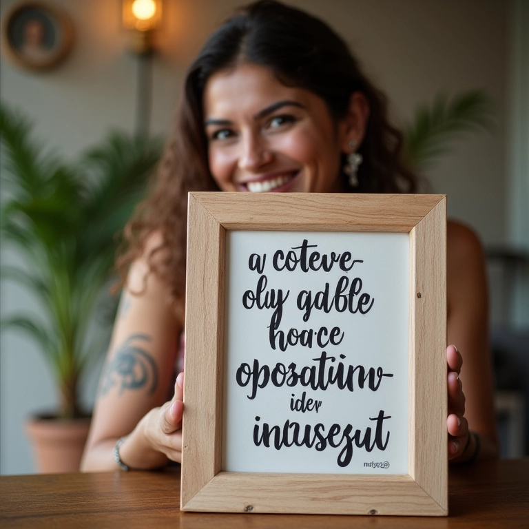 Arte de lettering com frase motivacional em moldura de madeira.