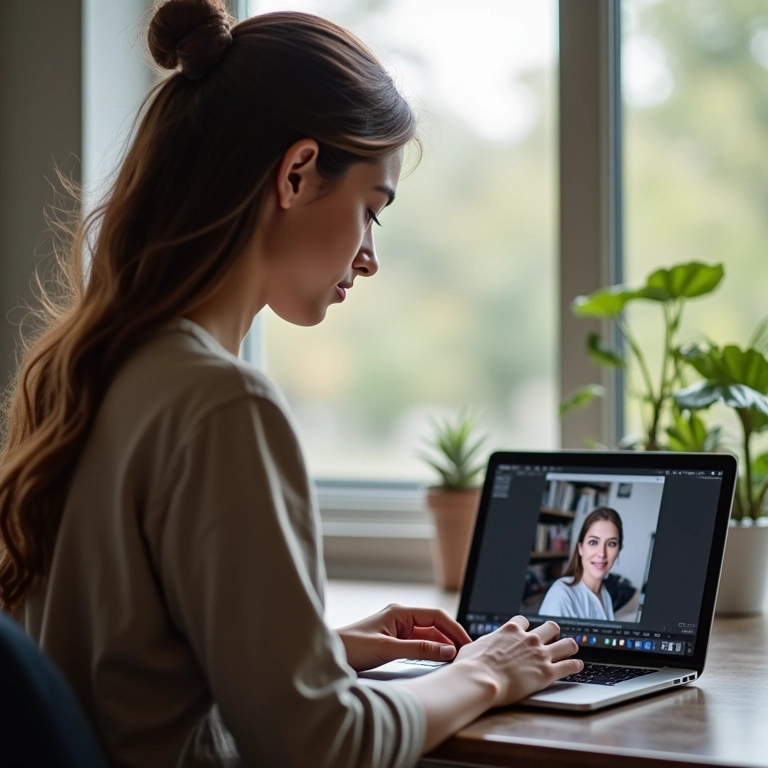 Artesã ajustando seu perfil do Instagram em um laptop, foto de perfil profissional visível.