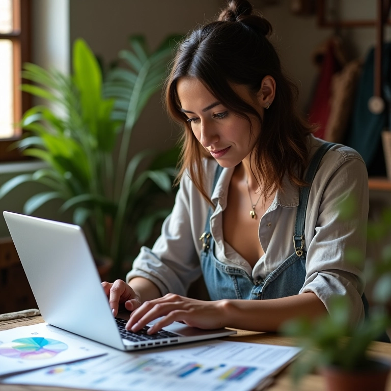 Artesã analisando resultados em um laptop com gráficos.