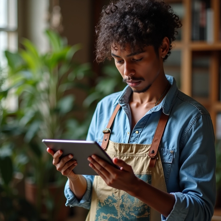 Artesã brasileira analisando as métricas do Instagram em um tablet.