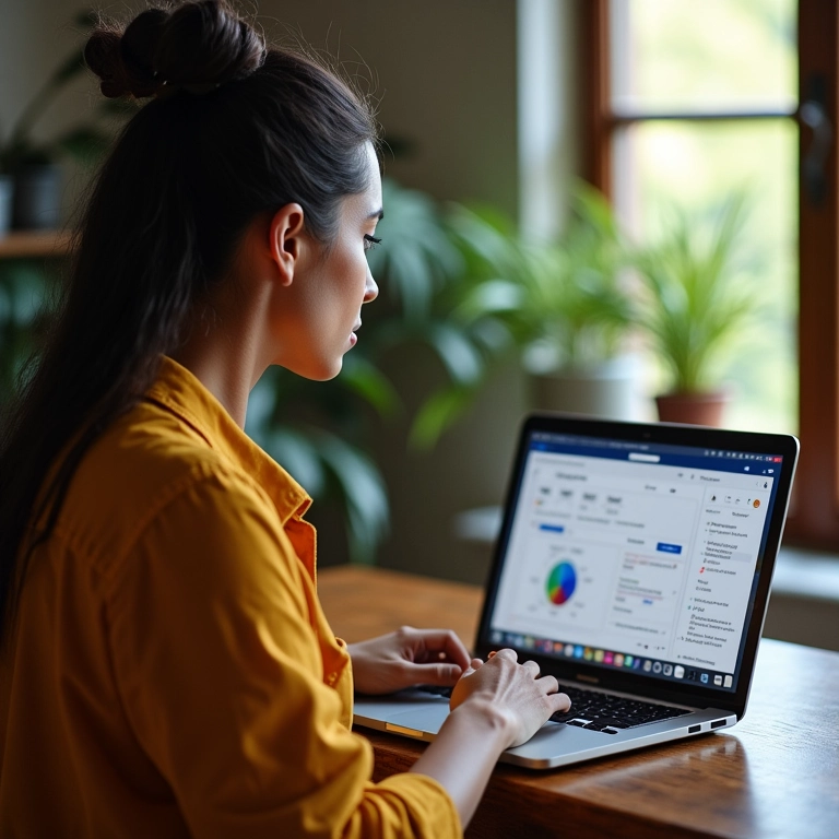 Artesã brasileira analisando o painel de anúncios do Instagram em seu laptop.