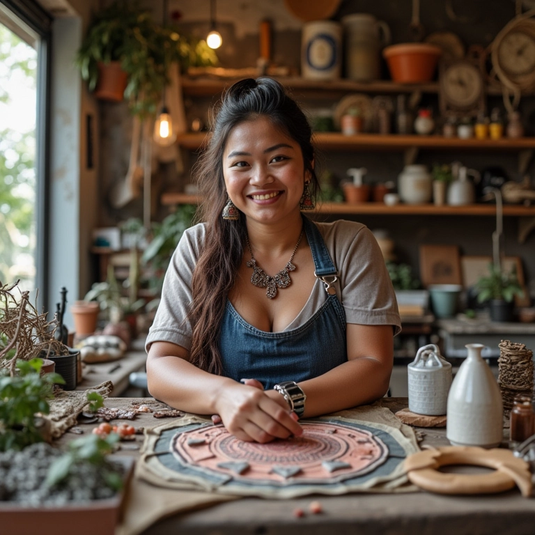 Artesã brasileira criando peças únicas em seu ateliê, inspirada pelo Pinterest.