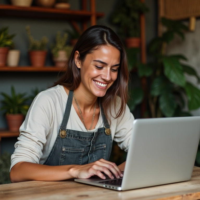 Artesã brasileira criando pins atraentes e otimizados para o Pinterest em um laptop.
