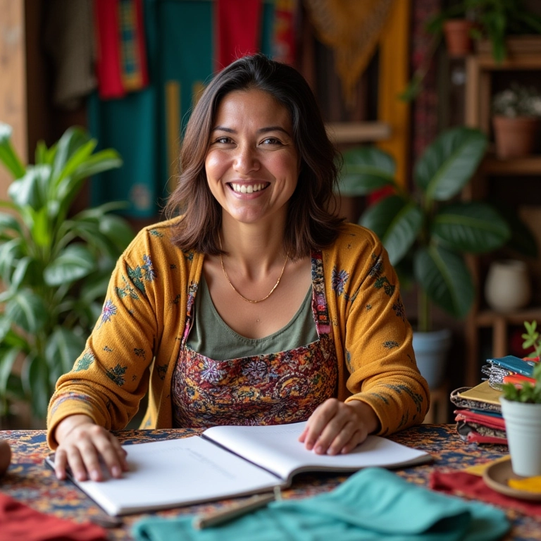 Artesã brasileira gerenciando seu tempo com ferramentas e tecidos coloridos.