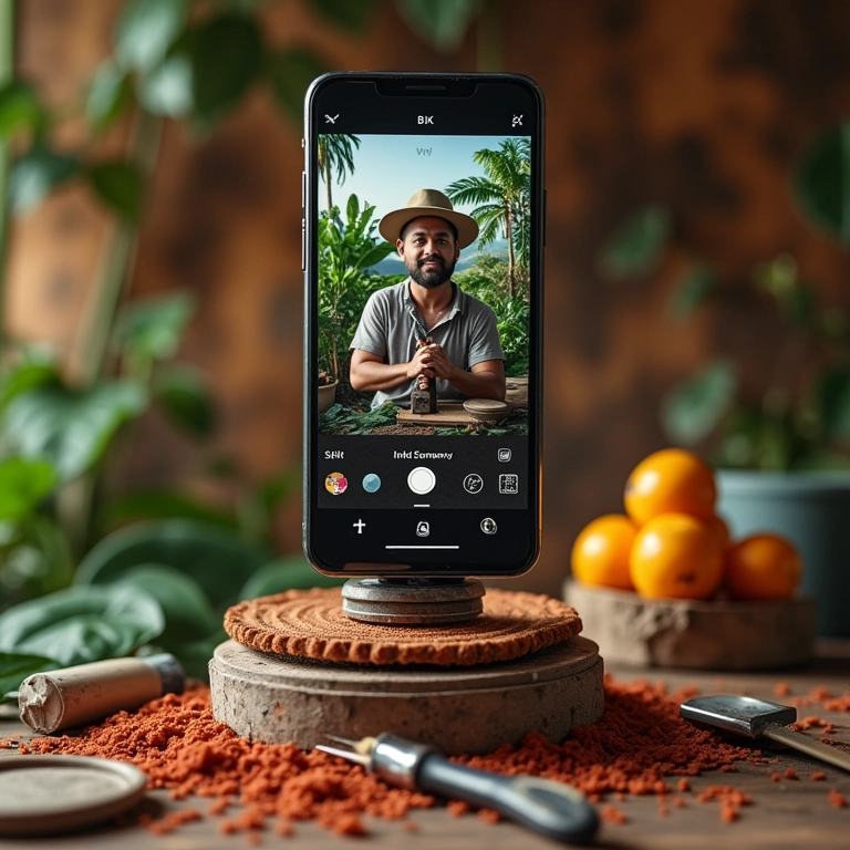 Artesã brasileira gravando um Story criativo no Instagram com materiais de artesanato.