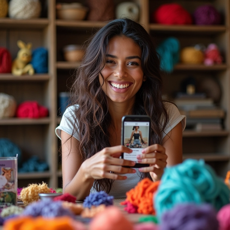 Artesã brasileira sorrindo, cercada de materiais de artesanato e um celular mostrando o Instagram.
