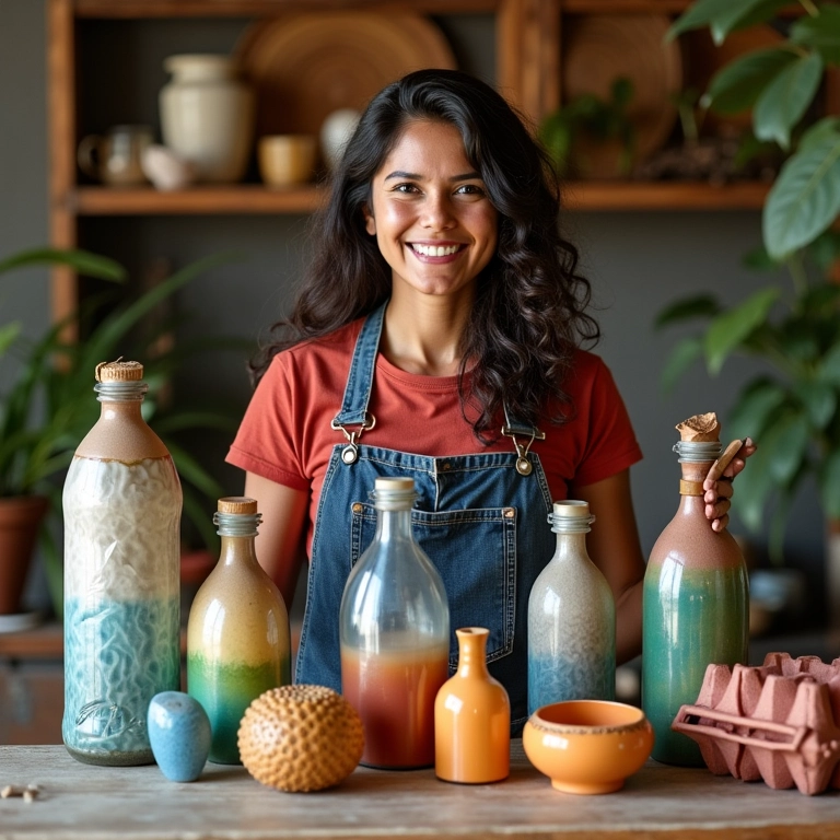 Artesã brasileira sorrindo, cercada por artesanato reciclado vibrante.