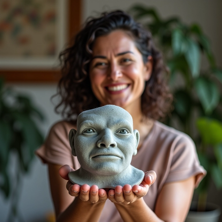 Artesã brasileira sorrindo e exibindo escultura complexa em feltro 3D.