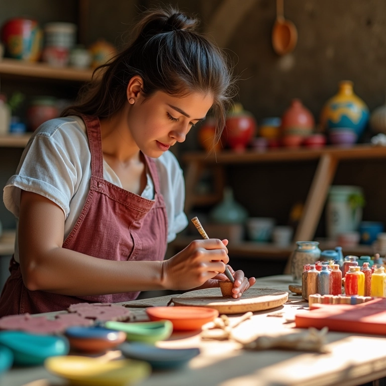 Artesã brasileira trabalhando em seu ateliê colorido.