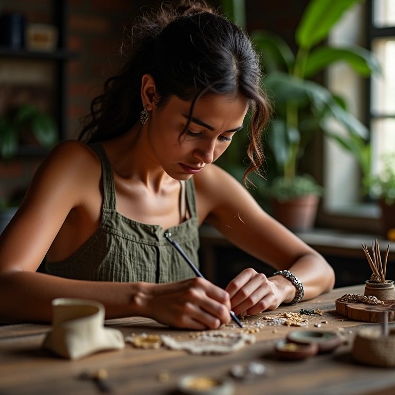 Artesã brasileira trabalhando em uma mesa na altura correta, prevenindo curvaturas.