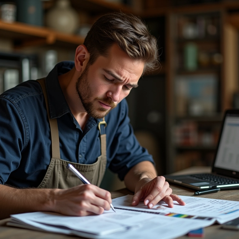 Artesã calculando custos com atenção, evitando erros financeiros.